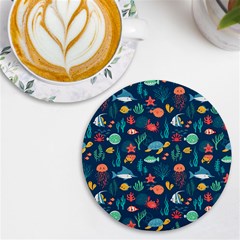 Variety Of Fish Illustration Turtle Jellyfish Art Texture Uv Print Round Tile Coaster by Grandong