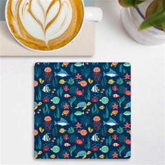 Variety Of Fish Illustration Turtle Jellyfish Art Texture Uv Print Square Tile Coaster  by Grandong