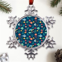 Variety Of Fish Illustration Turtle Jellyfish Art Texture Metal Large Snowflake Ornament by Grandong