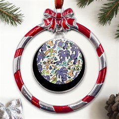 Purple Orange Green Blue Cartoon Metal Red Ribbon Round Ornament by Grandong