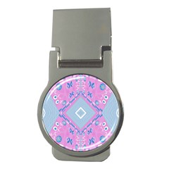 Bohemian Chintz Illustration Pink Blue White Money Clips (round)  by Mazipoodles