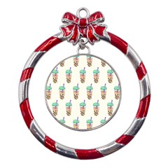 Cute Boba Metal Red Ribbon Round Ornament