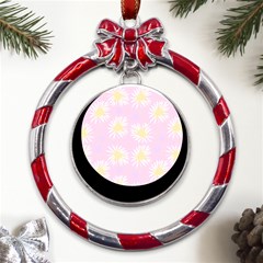 Mazipoodles Bold Daisies Pink Metal Red Ribbon Round Ornament