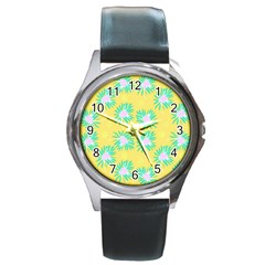 Mazipoodles Bold Daises Yellow Round Metal Watch by Mazipoodles