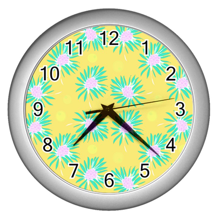 Mazipoodles Bold Daises Yellow Wall Clock (Silver)