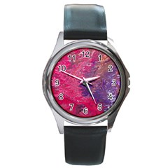 Fuchsia Flow Round Metal Watch by kaleidomarblingart