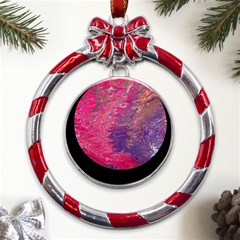 Fuchsia Flow Metal Red Ribbon Round Ornament by kaleidomarblingart