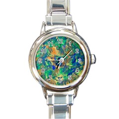 Blue On Green Flow Round Italian Charm Watch by kaleidomarblingart