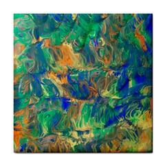 Blue On Green Flow Tile Coaster by kaleidomarblingart