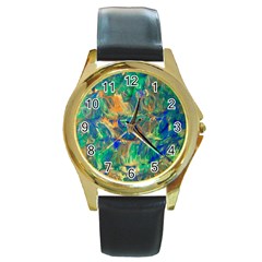 Blue on green flow Round Gold Metal Watch