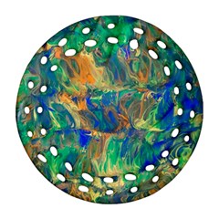 Blue On Green Flow Round Filigree Ornament (two Sides) by kaleidomarblingart