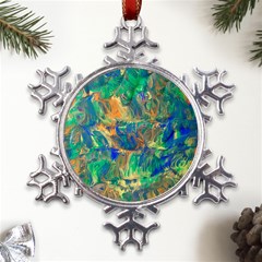 Blue On Green Flow Metal Large Snowflake Ornament by kaleidomarblingart