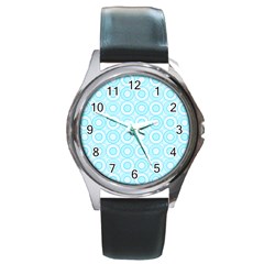 Mazipoodles Baby Blue Check Donuts Round Metal Watch by Mazipoodles