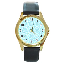 Mazipoodles Baby Blue Check Donuts Round Gold Metal Watch by Mazipoodles