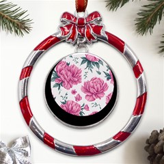 Pattern Flowers Texture Design Metal Red Ribbon Round Ornament by Grandong