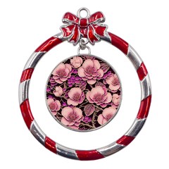 Plum Blossom Blossom Metal Red Ribbon Round Ornament by Grandong