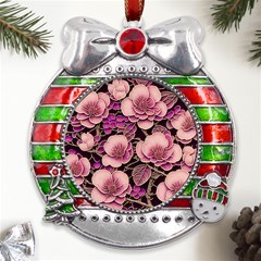 Plum Blossom Blossom Metal X mas Ribbon With Red Crystal Round Ornament by Grandong