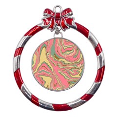 Pattern Glitter Pastel Layer Metal Red Ribbon Round Ornament by Grandong