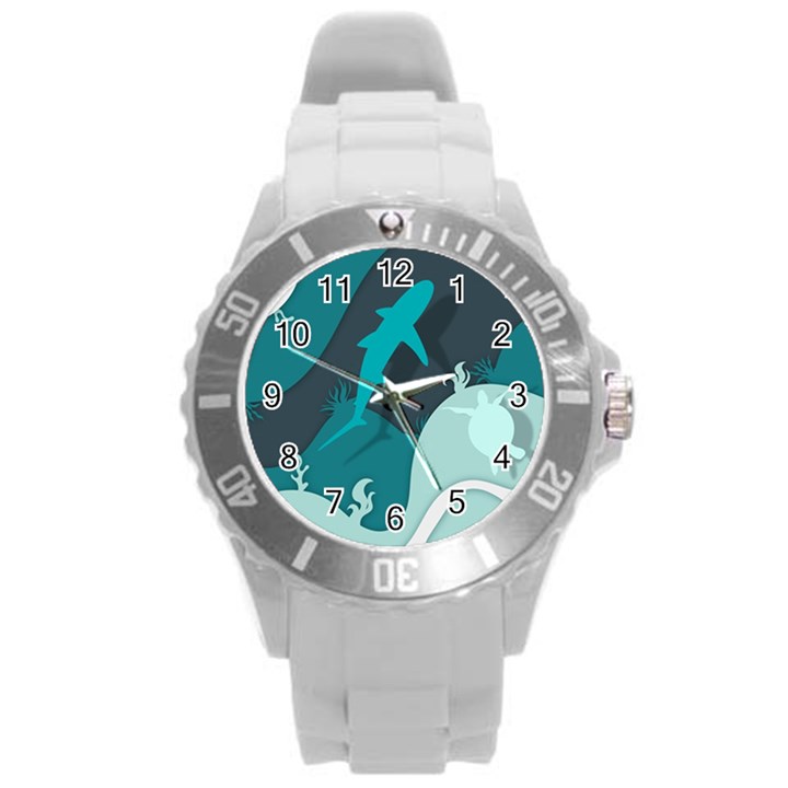 Ocean Turtle Shark Sea Life Sea Round Plastic Sport Watch (L)