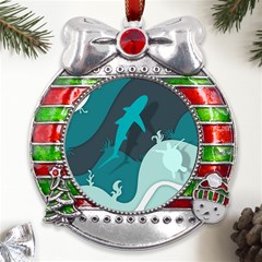 Ocean Turtle Shark Sea Life Sea Metal X mas Ribbon With Red Crystal Round Ornament by pakminggu