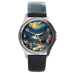 Forest River Night Evening Moon Round Metal Watch by pakminggu