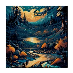 Forest River Night Evening Moon Tile Coaster by pakminggu