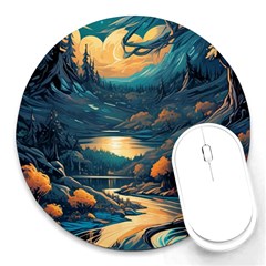 Forest River Night Evening Moon Round Mousepad by pakminggu