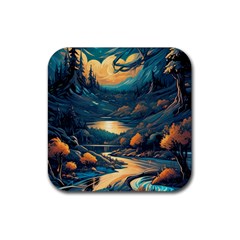 Forest River Night Evening Moon Rubber Coaster (square) by pakminggu