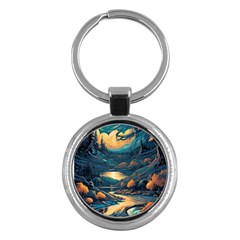 Forest River Night Evening Moon Key Chain (round) by pakminggu