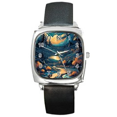 Forest River Night Evening Moon Square Metal Watch by pakminggu