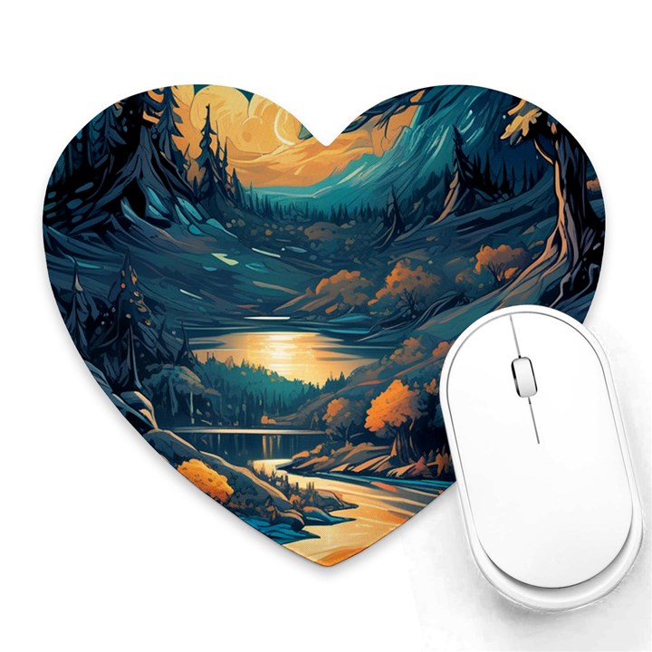 Forest River Night Evening Moon Heart Mousepad