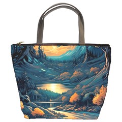 Forest River Night Evening Moon Bucket Bag by pakminggu