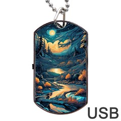 Forest River Night Evening Moon Dog Tag Usb Flash (two Sides) by pakminggu