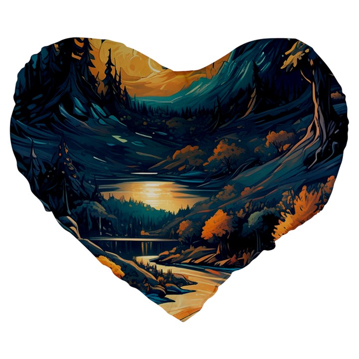 Forest River Night Evening Moon Large 19  Premium Heart Shape Cushions