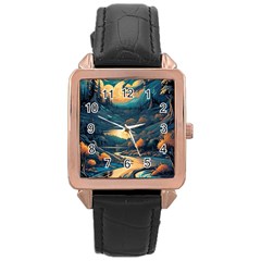 Forest River Night Evening Moon Rose Gold Leather Watch  by pakminggu