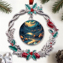 Forest River Night Evening Moon Metal X mas Wreath Holly Leaf Ornament by pakminggu