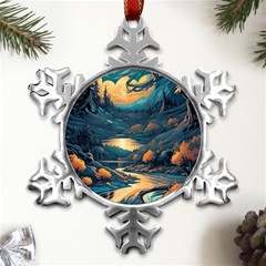 Forest River Night Evening Moon Metal Small Snowflake Ornament by pakminggu