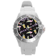 Cute-girl-things-seamless-background Round Plastic Sport Watch (L)