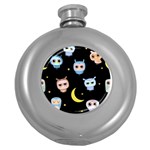 Cute-owl-doodles-with-moon-star-seamless-pattern Round Hip Flask (5 oz) Front