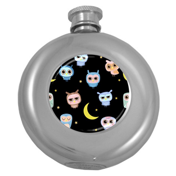 Cute-owl-doodles-with-moon-star-seamless-pattern Round Hip Flask (5 oz)