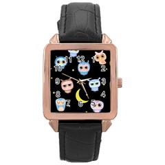 Cute-owl-doodles-with-moon-star-seamless-pattern Rose Gold Leather Watch  by pakminggu