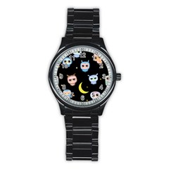 Cute-owl-doodles-with-moon-star-seamless-pattern Stainless Steel Round Watch by pakminggu