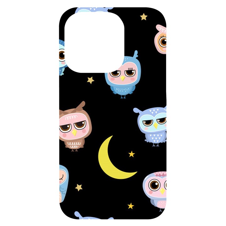 Cute-owl-doodles-with-moon-star-seamless-pattern iPhone 14 Pro Black UV Print Case