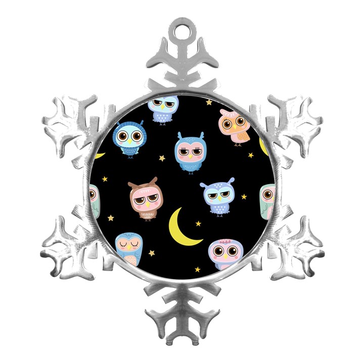 Cute-owl-doodles-with-moon-star-seamless-pattern Metal Small Snowflake Ornament