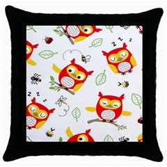 Seamless-pattern-vector-owl-cartoon-with-bugs Throw Pillow Case (black) by pakminggu