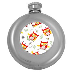 Seamless-pattern-vector-owl-cartoon-with-bugs Round Hip Flask (5 Oz) by pakminggu