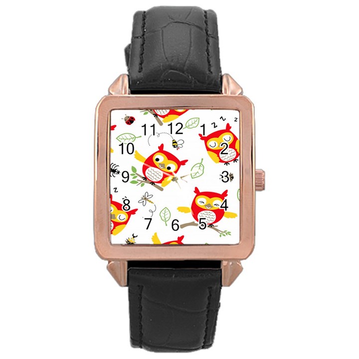 Seamless-pattern-vector-owl-cartoon-with-bugs Rose Gold Leather Watch 