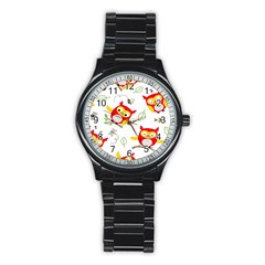 Seamless-pattern-vector-owl-cartoon-with-bugs Stainless Steel Round Watch by pakminggu