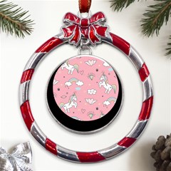 Cute-unicorn-seamless-pattern Metal Red Ribbon Round Ornament by pakminggu