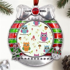 Forest-seamless-pattern-with-cute-owls Metal X mas Ribbon With Red Crystal Round Ornament by pakminggu